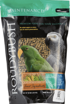 A bag of Roudybush Maintenance 22 oz with two parrots on it.